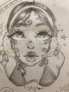 a drawing of a woman's face with stars around her