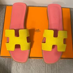 Brand New, Comes With Box & Dustbag Luxury Yellow Sandals For Summer, Designer Yellow Sandals For Beach, Designer Yellow Sandals For The Beach, Luxury Yellow Leather Sandals, Designer Yellow Leather Sandals, Hermes Boots, Hermes Oran Sandals, Buckle Booties, Block Sandals