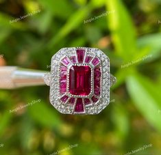 DIAMOND DETAILS ✦ Center Stone: Lab-Diamond ✦ Stone Shape: Emerald Cut ✦ Stone Color: Pink ✦ Cut : Excellent ✦ Weight: 1.50 Carat ✦ Side Stone : Lab-Diamond ✦ Stone Shape : Round Cut & Baguette Cut ✦ Stone Color : White & Pink ✦ Clarity : VVS1 ✦ Cut : Excellent ✦ Metal: 935 Argentium Silver ✦To make your decision easier we offer:✦ -USA Free Shipping -Free Engraving -Rush Order -Handmade Custom Design -Free Jewellery Box -100% secure Online Shopping. -Flexible Payment Plans Ruby Engagement Ring Vintage, Art Nouveau Ring, Ruby Engagement Ring, Ring Antique, Argentium Silver, Deco Ring, Art Deco Ring, Antique Rings, Diamond Stone