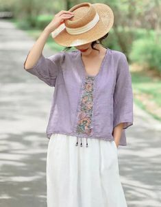 Embroidered Retro Pullover Summer Ramie Shirt — Obiono Casual Purple Blouse With Floral Embroidery, Casual Embroidered Purple Blouse, Casual Purple Embroidered Blouse, Summer Long Sleeve Embroidered Linen Top, Summer Long Sleeve Linen Embroidered Top, Casual Embroidered Linen Tops, Casual Linen Tops With Floral Embroidery, Casual Linen Blouse With Floral Embroidery, Purple Casual Embroidered Top For Spring