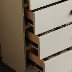 a white dresser with drawers and knobs on it's doors is seen in this image