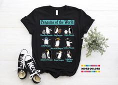 Hello and Welcome to our shop! Penguins Of The World T-shirt, Cute Penguin Fans Birthday Gift Tshirt, Funny Educational Save Penguins Spirit Animal Lover Present Types Of Penguins Tee Shirts. ✔️ Please make sure you check our size chart before you place your order.  ✔️ Feel free to send us a message if you have any questions. It is our pleasure to assist you. ✔️ This design can be printed on T-Shirts, V-Necks, Women's Racerbacks Tanks, Men's Tank Tops, Youth T-Shirts, Kids T-Shirts, Baby Onsies, Casual T-shirt With Character Print As Gift, Graphic Tee With Character Print As Gift, Graphic Tee T-shirt With Character Print For Gift, Novelty Black T-shirt As A Gift, Novelty Black T-shirt As Gift, Novelty Black T-shirt For Gift, Casual Tops With Character Print For Gifts, Black Character Print Top As Gift, Black Tops With Character Print For Gift