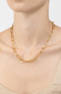 Show off contemporary style with this paper-clip chain necklace crafted from polished water-resistant 14-karat gold plate. 18" length; 0.28" width Lobster clasp This piece of jewelry is water-resistant and will not tarnish with water contact 14k-gold plate/stainless steel Imported Gold-tone Paperclip Cable Chain Bracelet, Gold-tone Paperclip Chain Necklace For Formal Occasions, Classic Gold-plated Paperclip Chain Necklace, Gold-tone Link Paperclip Bracelet With Cable Chain, Yellow Gold Chunky Chain Paperclip Necklace, Formal Gold-plated Necklace With Paperclip Chain, Everyday Gold-tone Paperclip Bracelet With Cable Chain, Gold Plated Chain Necklace With Delicate Rectangular Links, Yellow Gold Necklace With Chunky Paperclip Chain