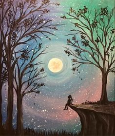 a painting of a person sitting on top of a cliff looking at the stars in the sky