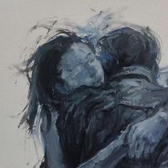 an abstract painting of two people hugging each other with their arms around each other, in black and white