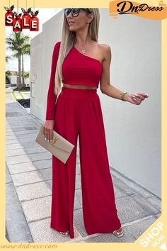 Desert Dancer One Shoulder Wide Leg Pants Suit Wide Leg Pant Set For Night Out In Spring, Fitted Solid Color Pant Set For Party, Stretch Pant Set For Spring Party, Casual Fitted Pant Set For Party, Wide Leg Pants Suit, Wide Leg Pant Suit, Two Piece Pants Set, Vacation Wear, Type One