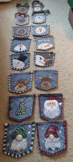 christmas decorations made out of old jeans on the floor