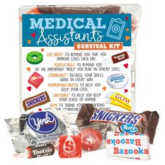 the medical assistant survival kit includes candy, candies and other items to make it easier for