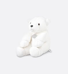 a white teddy bear sitting on the ground