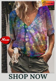 Casual Short Sleeve T-shirt Casual Shorts, V Neck, Purple, Floral, Women's Top, T Shirt