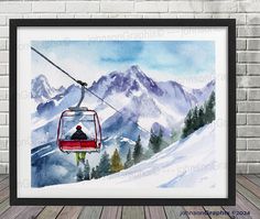 a watercolor painting of a ski lift in the mountains