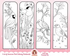 four bookmarks with birds and flowers on them