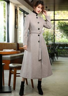 Elevate your winter wardrobe with our Stand Collar Single Breasted Flared Wool Blend Long Coat. Made from a luxurious wool blend, this single breasted coat features a stand collar and belted waist for a chic and flattering fit. The fit & flare style adds a touch of sophistication, making this long coat a must-have for any fashion-forward woman. Stay warm and stylish all season long! ●Single-breasted button closure●Stand collar ●Lined ●Front welt pockets ●Removable tie belt ●50% wool and polyeste Winter Coat For Women, Winter Long Coat, Gray Cashmere, Coat Autumn, Langer Mantel, Coat For Women, Single Breasted Coat, Woolen Coat, Wool Blend Coat