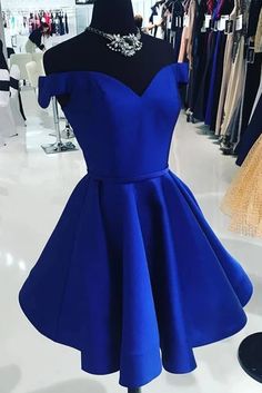 Elegant Satin Off the Shoulder Short Length A line V Neck Blue Homecoming Dresses,175 on Storenvy Royal Blue Dress Short, Prom Dresses Short Blue, Royal Blue Homecoming Dresses, Royal Blue Prom, Simple Homecoming Dresses, Cute Homecoming Dresses, Mini Homecoming Dresses, Winter Formal Dresses, Satin Homecoming Dress