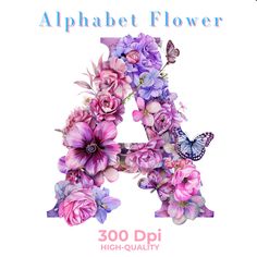 the alphabet is made up of flowers and butterflies