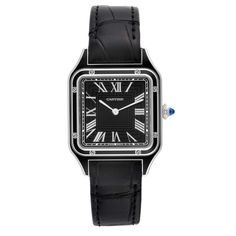 Cartier Santos Dumont Large Black Strap Steel Mens Watch WSSA0046 Unworn. Manual winding movement. Stainless steel case with black lacquer 43.5 mm x 31.4 mm. Case thickness 7.3 mm. Caseback engraved with handwritten signature of Alberto Santos-Dumont. Circular grained crown set with blue spinel cabochon. Stainless steel bezel with black lacquer punctuated with 8 signature screws. Scratch resistant sapphire crystal. Black square decoration dial with translucent lacquer. Raised Roman numerals and Cartier Santos Black, Cartier Diamond Watch With Palladium Hardware, Classic Black Chronograph Watch, Classic Cartier Watch With Metal Dial, Timeless Black Watch With Round Dial, Timeless Black Watch Accessories With Round Dial, Luxury Analog Diamond Watch With Round Dial, Black Watches For Formal Occasions, Timeless Black Business Watch