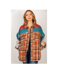 New Boho Western Aztec Tribal Plaid Shacket Flannel Shirt Jacket Yellowstone Vintage Inspired Outerwear - Color: Brown/Teal/Rust - Collared - Button front closure - Distressed raw hems - 2 Buttoned flap chest pockets - 2 Welt side pockets - Drop shoulder long sleeves - Polyester Size S 2/4: Bust 33-34 Waist 25-26 Hips 35-36 Size M 6/8: Bust 35-36 Waist 27-28 Hips 37-38 Size L 10/12: Bust 37-38 Waist 29-30 Hips 39-40 Size XL 12/14: Bust 39-40 Waist 31-32 Hips 41-42 Size chart is for body measurem Multicolor Fall Outerwear With Pockets, Multicolor Collared Outerwear With Pockets, Multicolor Button-up Outerwear For Fall, Multicolor Cotton Outerwear For Fall, Multicolor Tops With Pockets For Fall, Western Cardigan, Western Aztec, Brown Teal, Plaid Shacket