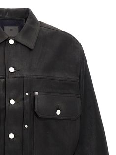 Coated cotton denim jacket, pockets, button closure, long cuffed sleeves. Composition: 100% cotton Givenchy Coat, Givenchy Men, Coated Denim, Givenchy Man, Black Denim Jacket, Denim Coat, Casual Street Style, French Fashion, Mens Coats