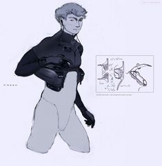 a drawing of a man in black and white with his hands on his hips, holding something