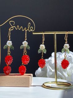 Hand Made earring,  14k gold filled hook  Glass raspberry Elegant Cherry Drop Earrings, Summer Gift Cherry Earrings, Flower Drop Earrings With French Hook For Gift, Flower Drop Earrings With French Hook, Handmade Berry Colored Earrings For Gift, French Hook Drop Flower Earrings Gift, Handmade Berry Earrings For Gift, Cherry Dangle Earrings With Ear Wire, Red Dangle Jewelry With French Hook