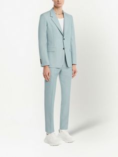 Designer Single Breasted Suit With Notch Lapel, Designer Suits With Concealed Placket And Lapel Collar, Designer Notch Lapel Suits With Concealed Placket, Designer Suits With Notch Lapel And Concealed Placket, Designer Suits With Notch Lapel And Pressed Crease, Funky Suits, Light Blue Blazer, Tailored Design, Blue Wool