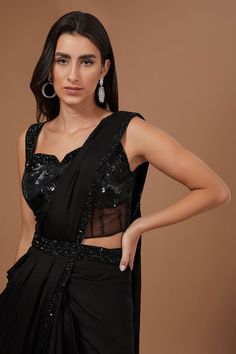 Black pre-draped saree with sequin embroidered border. Comes with sequin embroidered panelled blouse and belt. - Aza Fashions Sarees Black, Black Sequin Blouse, Draped Saree, Drape Saree, Sequin Blouse, Embroidered Border, Black Saree, Fashion App, Set Women