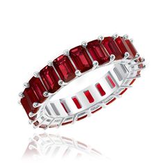 Each carefully selected cubic zirconia are inserted by hand individually by professional jewelers on pure sterling silver 925. The CZ'S in my jewelry are the highest grade in the world. You will not know that it is not a diamond. Once you buy a ZirconZ CZ, you will only want this quality. Gorgeous THIS RING IS RUBY RED- Ruby may exhibit a range of secondary hues, including orange, purple, violet, and pink. ALSO SHOWN IN THE GOLD PLATING WHICH IS NOT IN. IF YOU WANT THIS RING IN A CERTAIN COLOR P Ruby Eternity Band With Prong Setting For Formal Occasions, Formal Ruby Eternity Band With Prong Setting, Elegant Red Gemstone Eternity Band, Red Cubic Zirconia Jewelry Baguette Cut, Red Cubic Zirconia Jewelry In Baguette Cut, Formal Cubic Zirconia Gemstone Eternity Band, Formal Cubic Zirconia Eternity Band With Gemstone, Classic Cubic Zirconia Eternity Band With Gemstones, Emerald Cut Cubic Zirconia Ruby Ring For Anniversary