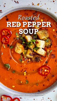 roasted red pepper soup in a white bowl