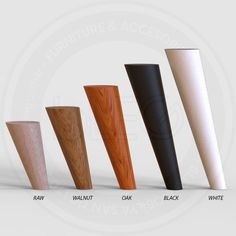 five different types of wooden vases in various colors and sizes, including black, white, oak, walnut