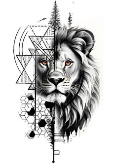 a drawing of a lion's face with geometric shapes and trees in the background