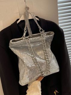 BirdinBag - Silver Sequin Square Bag with Chain Strap: Ideal Bridal Purse for Weddings, Proms & Events Silver Handheld Evening Bag With Chain Strap, Handheld Silver Evening Bag With Chain Strap, Silver Chain Bag For Event, Formal Silver Bag With Chain, Glamorous Silver Evening Bag With Chain, Silver Evening Bag With Silver Chain, Silver Evening Bag With Chain Detail, Glamorous Silver Shoulder Bag With Chain Strap, Silver Evening Bags With Chain