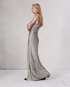 The Marie. Zipped up the back, our maxi dress is cut for an elevated silhouette in Italian metallic twill. Features a separate slip. Silver 00 Pewter Dress, Maxi Design, True Summer, Maxi Slip Dress, Maxi Dress Evening, Satin Maxi Dress, Metallic Dress, Silver Dress, Jewel Neck