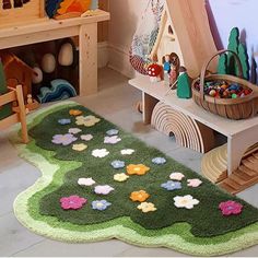 a child's play room with toys and rugs