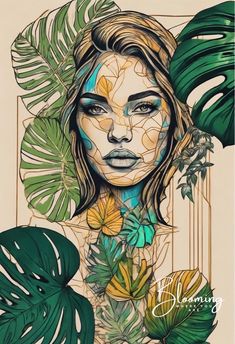 a woman's face surrounded by tropical leaves and flowers, with the words dreaming written in