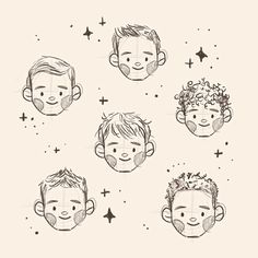 the faces of four different people with stars on their foreheads and hair, drawn by hand