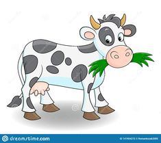 a cartoon cow with grass in its mouth