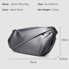 the side view of a gray leather bag with measurements for it and how to measure it