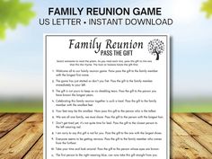 a family reunion game is shown on a wooden table with the words family reunion pass the gift