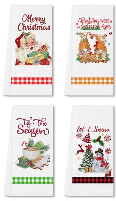 four christmas tea towels with different designs on them