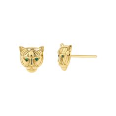 From our Year of the Tiger Collection, these Tiger stud earrings are sure to make this year one with major flair. These gorgeous emerald encrusted stud earrings will add a dramatic pop to your ear stack but look just as stunning alone. Pairs perfectly with the Tiger Necklace. Size: 8mm(H) by 7.5mm(W) Approx. 0.04cts - Dainty Earring Stack, Coachella Fits, Tiger Necklace, Gold Tiger, Earring Stack, Emerald Eyes, Year Of The Tiger, Ear Stack, Gold Piece