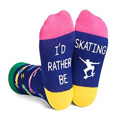 Size & PackingOur big kid socks fit 8-12 year old girls and 7-10 year old boys. Each plastic zipper bag contains one pair of funny socks.Gifts For Skateboarder KidsThese dark blue skateboard socks for boys feature various colors of skateboards and a funny saying, "I'D RATHER BE SKATING." They make for one of the best gift choices for boys who love skateboarding and the outdoors.Skateboard Gifts For Teenage BoysFunny skateboard socks could be the perfect gift for big boys who love skateboa... Pink Socks For Playtime In Winter, Fun Round Toe Socks For Playtime, Sporty Multicolor Socks For Winter, Fun Non-slip Socks For Playtime, Sporty Multicolor Winter Socks, Comfortable Non-slip Multicolor Socks, Multicolor Non-slip Comfortable Socks, Comfortable Multicolor Non-slip Socks, Casual Blue Socks With Letter Print