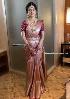 Kanjivaram Saree Bridal Look, Wedding Saree Kanchipuram Bridal, Marriage Pattu Sarees, Wedding Pattu Sarees For Bride, South Saree Blouse Design, Engagement Pattu Saree, New Pattu Sarees Collection 2023, Light Pink Kanchipuram Silk Saree, Sarees Pattu Weddings