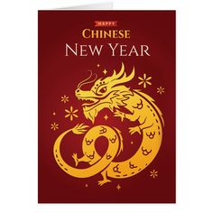 a red and gold chinese new year card with a dragon in the middle on it