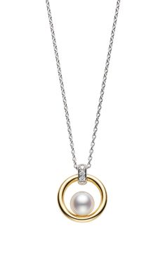 An open circle pendant topped with three glittering diamonds is centered by a cultured pearl in this two-tone necklace that complements virtually any look. Style Name:Mikimoto Cultured Pearl Pendant Necklace. Style Number: 6249905. Mikimoto Necklace, Mama Jewelry, Two Tone Necklace, Pearl Diamond Pendant, Gold Minimalist Jewelry, Pearl And Diamond Ring, Minimal Necklace, Pearl Pendant Necklace, Pearl Diamond