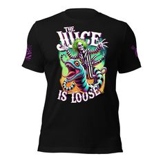 Unleash your playful side with our "The Juice Is Loose" Beetlejuice T-Shirt! This heather black shirt in a striking design brings the iconic mischief-maker Beetlejuice to life, riding the colorful and chaotic sandworm in a vibrant display of style and fun. Perfect for fans of the classic film or anyone looking to add a little edge to their wardrobe, this t-shirt is a bold statement piece that's sure to turn heads. Crafted from high-quality, soft cotton, this t-shirt offers both comfort and durab Black Novelty T-shirt With Screen Print, Novelty Black T-shirt With Screen Print, Black Screen Print Novelty T-shirt, Funny Black Shirt With Graphic Design, Black Novelty Shirt With Graphic Print, Black Novelty Shirt, Pre-shrunk, Funny Black Shirt With Screen Print, Black Novelty Shirt With Funny Print, Novelty Black Shirt With Funny Print