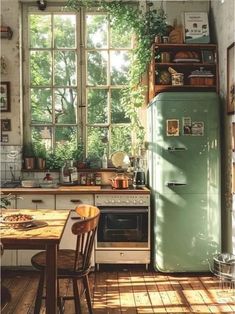 an old fashioned kitchen with green refrigerator and wooden table in front of large windowed windows