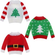 two knitted sweaters with christmas trees on them, one green and one red