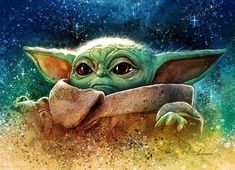 the baby yoda is holding onto a piece of paper with stars in the background