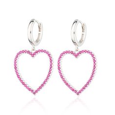 Pink Heart Charm Hoop Earrings | Drop Hoop Earrings | Scream Pretty Drop Hoop Earrings, Heart Hoop Earrings, Silver Ear Cuff, Pink Sparkle, Matching Jewelry, Geometric Jewelry, Dangly Earrings, Affordable Jewelry, Open Heart