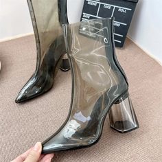 Olivia Mark - Parisian Runway Transparent Heeled Short Boots with Crystal Chunky Heels - Fashionable Dopamine Chunky Heeled Fashion Boots Heels Chunky, Transparent Heels, Rough Heels, Zipper Heels, Plastic Shoes, Super High Heels, Pointed Heels, Zipper Boots, Short Boots